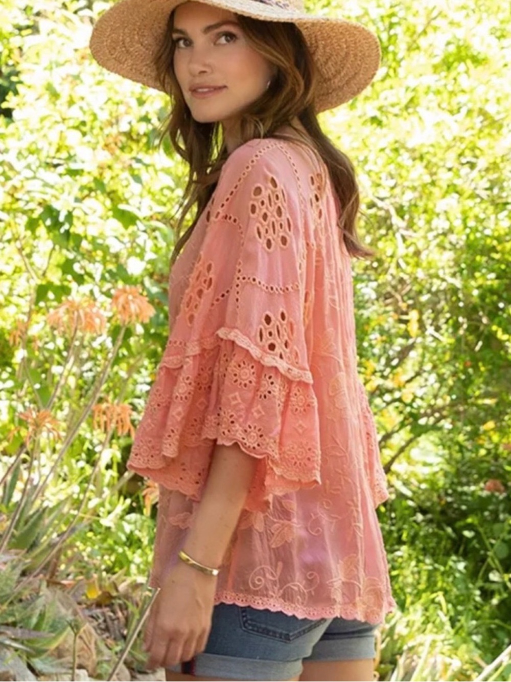 Johnny Was Roman Ruffle Blouse Pink Coral Embroidered Lace Top Large